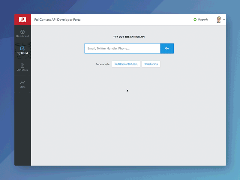 Sneak Peek of the New "Try It Out" avenir dashboard data enrichment fullcontact modern