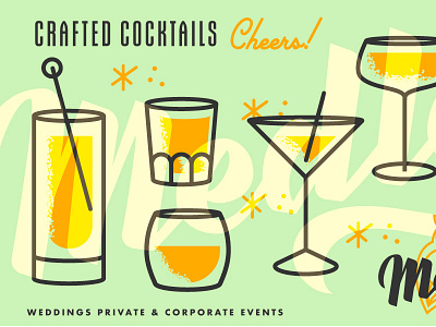 Medley Cocktail Co. Illustrations branding brushscript cocktail glassware illustration logo logodesign mint orange owl retro texture