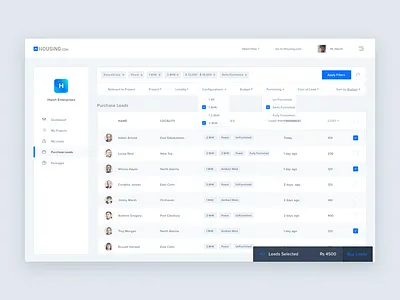 Purchase Leads Page check box dashboard design filters interaction profile ui ux web