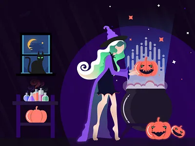Making Magic cat character elixir flat halloween helloween holiday liquid magic pumpkin window witch