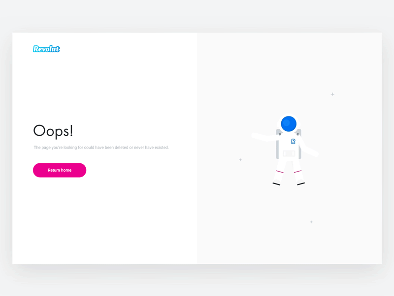 404 - Revolut Website 404 404 page animation clean error flat gif interaction design minimal principle webdesign website
