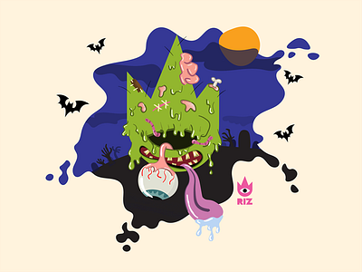 Creepin' It Real! RIZ Logo - Zombie bats eyes fun halloween illustration spooky tongue zombies