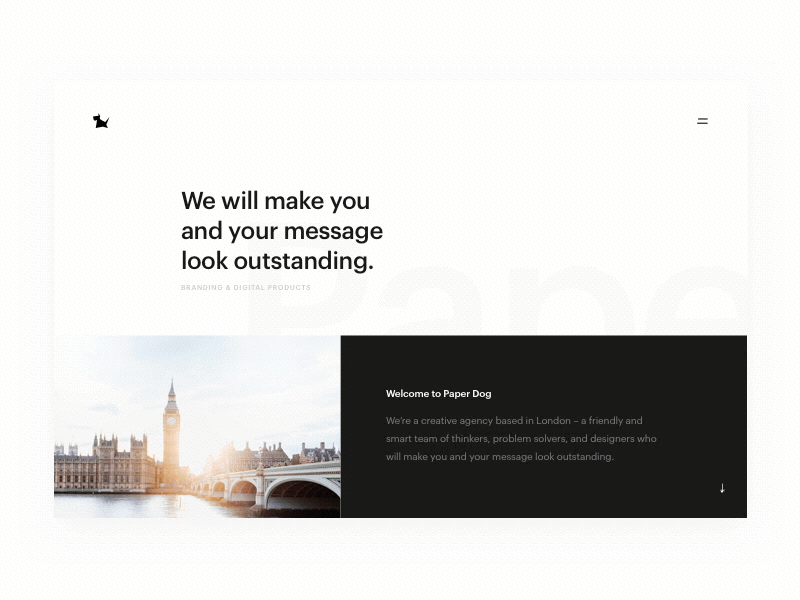 Paper Dog Website - Landing Page Concept animated landing page minimal principle transition website white