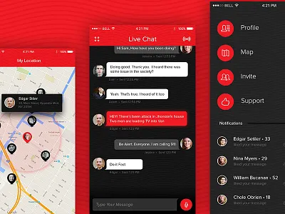 Village Defense - Real-time crime alerts in Neighborhood alert clean design group map messenger mobile app modern security sleek social society ui design