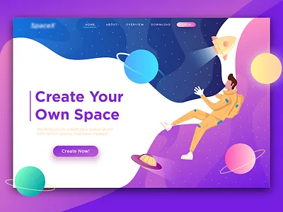 Space Header Illustration alien astronout header landing page illustrations moon night planet space ufo webpage