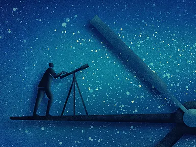 Seeing Stars clock editorial illustration galaxy hands light years space star gazing stars telescope time
