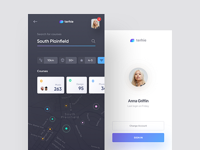 terhie - search and login cards dark flat map search timelog ui ux white