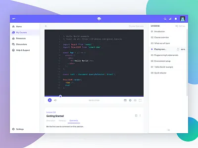 View coding course lessons - eLearning dashboard app code concept course dashboard e learning playlist profile streaming ui user interface video