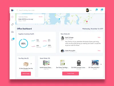 Office Supplies Dashboard chat dashboard design health inventory order score supplies ui ux visual widgets