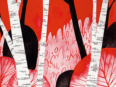 Red Birch birch forest ink inktober nature painting red traditional trees
