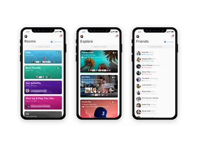 Rooms <> Explore <> Friends airtime cards chat concept friends ios iphone x list live music table video
