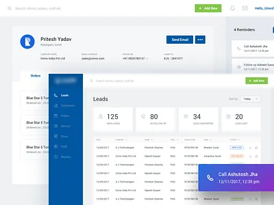 CRM - Manufacturer and Service Providers admin crm dashboard details info lead profile reminder sidebar tables