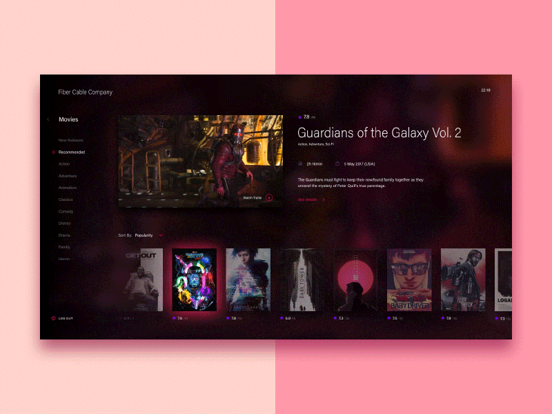 TV On Demand—UI Weekly Challenges S02 [1/10] animation dark interface layout movie pink principle tv ui ux
