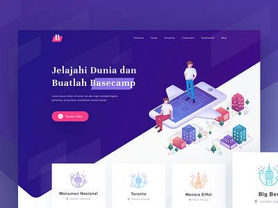 Basecamp Landing Page basecamp booking city gradient header icon illustration isometric landing page travel website