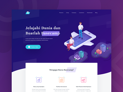 Basecamp Landing Page v2 basecamp booking city gradient header icon illustration isometric landing page travel website