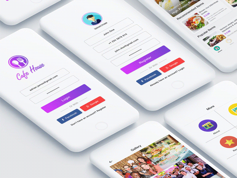 Cafe House Restaurant App UI Kit (Sketch & PSD) bakery bar booking business cafe club coffee fast food illustration minimal reservation restaurant