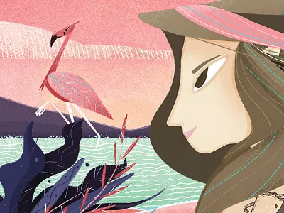 SALINERA blackwork flamingo flora girl illustration merida mexico pink sea sunset tattoo whale