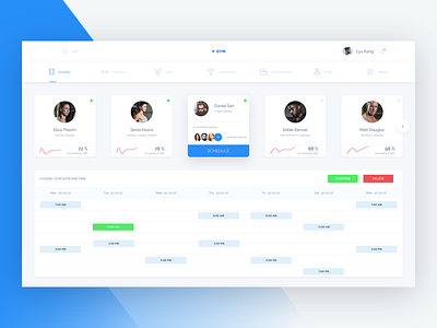 Fitness Dashboard - schedule and trainers analytics app calendar cards dashboard fitness gym sport stats trainer white