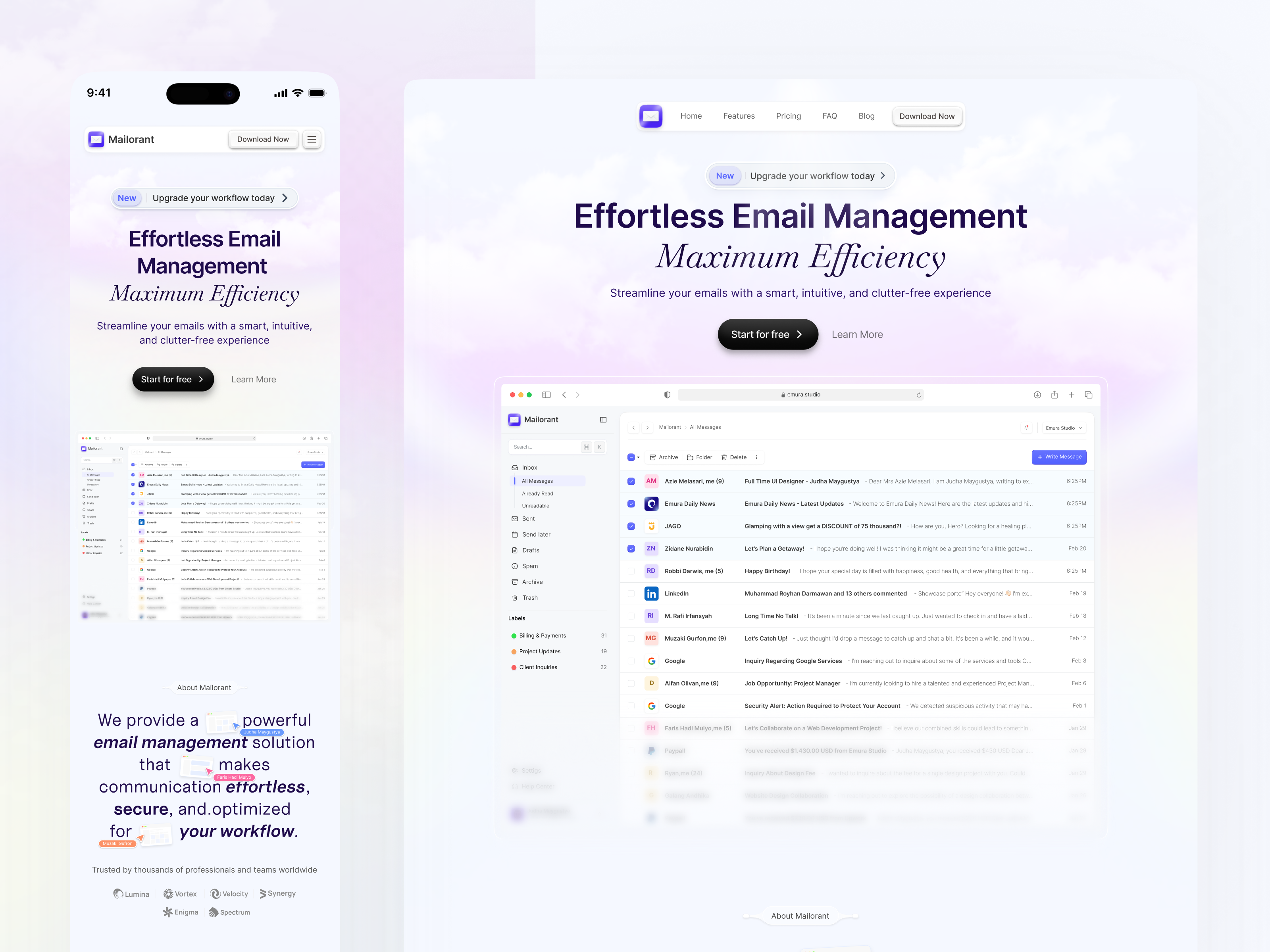 Mailorant - Inbox Mail Landing Page attachment clean clean design cloud landing conversation email email client gmail gradient design inbox interface judha landing page mailbox message product design saas saas design saas landing page skeumorphic