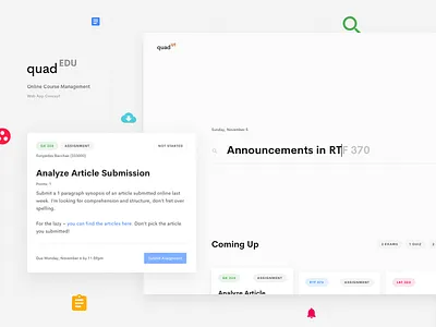 Quad | Online Course Management announcement assignment card college dashboard education school search university web app