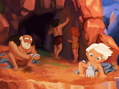 Who is Tony? book boy building character design illustration old man orange people prehistorical robot rock