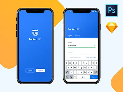 Pocket UI iPhone X blue download fintech login photoshop pocket premium react native signup sketch wallet yellow
