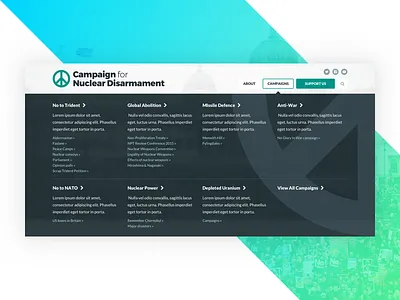 Menu Drawer blue and yellow design call to action charity cnd design donate mega menu menu menu drawer peace website