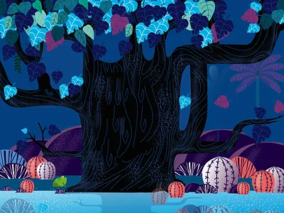 In the woods blue color graphic illustration leaves plants reflection the lake