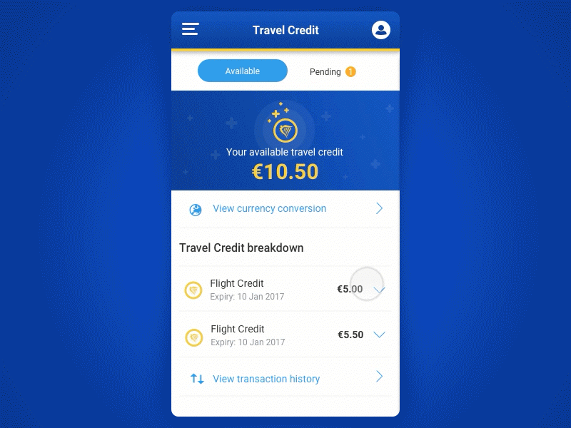 Ryanair Travel Credit airline blue coin credit mobile plane ryanair tabs travel ui ux yellow