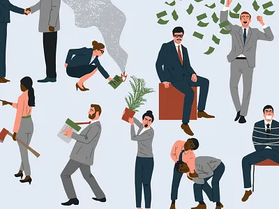 Vested Interest business characters design finance humour illustration office pattern people