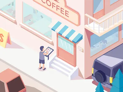 Isometric street car isometric restaurant room street