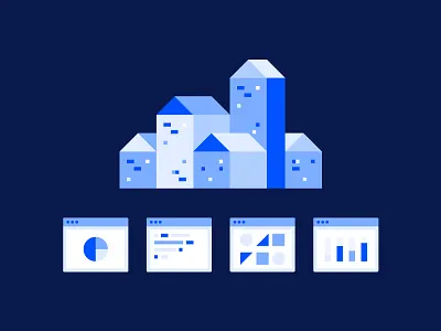 AT&T illos analytics buildings charts code icons illustration
