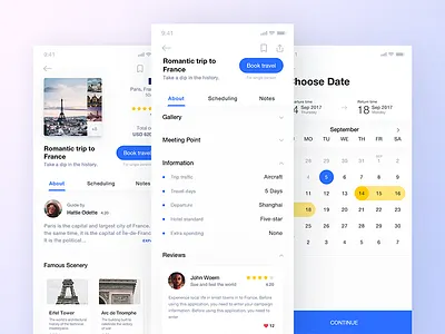 Travel booking app booking card choose comment concept continue date dialogue discover travel ui ux