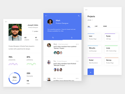 Team - Member Profile & Projects blue discover ios member minimal mobile notification profile project team ui white
