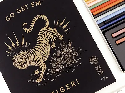 Go Get Em Tiger Letterpress Print bamboo hoodzpah letterpress lightning poster seal tiger vintage