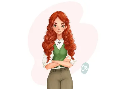 Not so happy girl caricature character crossed arms. digital drawing drawing emotions girl illustration