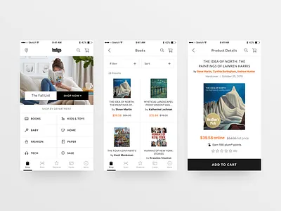 Indigo - Mobile Screens book button concept hi fi high fidelity indigo menu mobile practice screen search shop ux ui