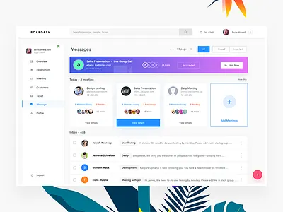 Dashboard Meeting + Message account dashboard email mail meeting message payment profile settings task user management video call
