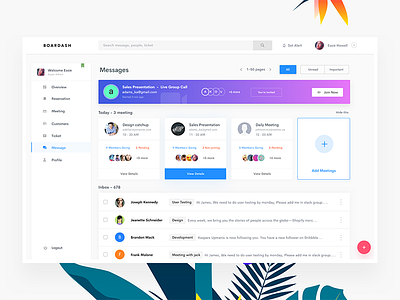 Dashboard Meeting + Message account dashboard email mail meeting message payment profile settings task user management video call
