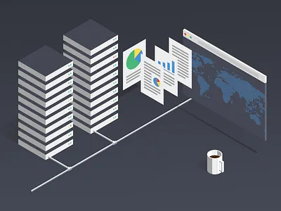Broker Service Illustration browser chart coffee graph hosting isometric map pie report server stats trading