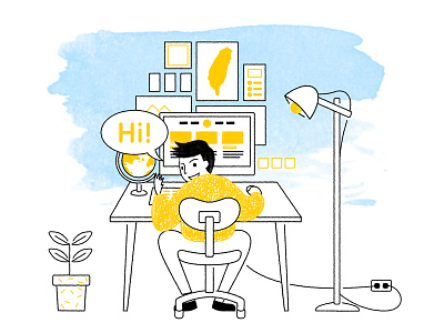 My workspace blue design illustration outline psd water painting work yellow