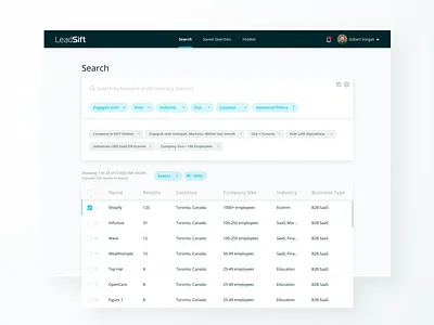 Leadsift Search Page blue clean data filter list minimal query search table web white