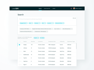 Leadsift Search Page blue clean data filter list minimal query search table web white