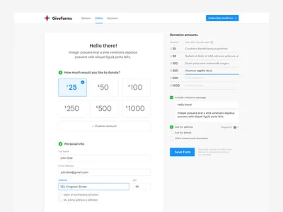 GiveForms Form Editor dashboard donations giveforms home page landing responsive ui ux web website