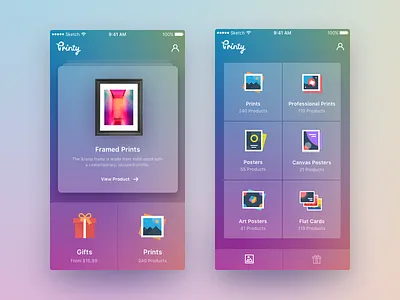 Printy clean modern user interface colorful background illustrative icons ios app interface minimal modern layout printing application printy application design user experience design