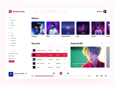 Music Dashboard app beats dashboard design flat music red ue ui