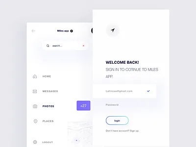 Miles app,Minimal Navigation and Sign in Screens flat gradient navigation search seoul sign up signin white