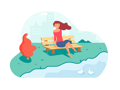 Happy Girl city flat girl green happy landing minimal park tree vector web