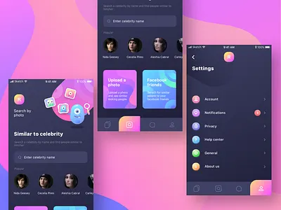 Dating app search by photo and settings (Dark version) account notifications android ui app date dating ios search social facebook photo pic share settings match group