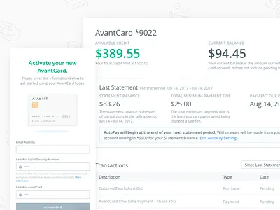 AvantCard banking credit credit card dashboard education finance illustration log in money onboarding sign up